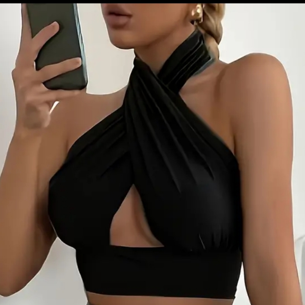 Alluring LENA | Black CUT OUT CROSS HALTER TOP | Size Large | NWT